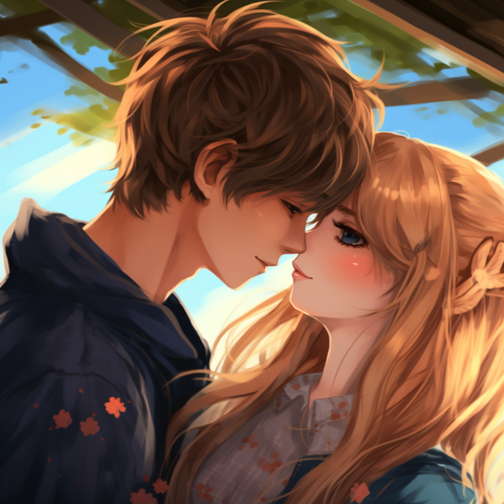 Anime boy and girl sharing a passionate kiss