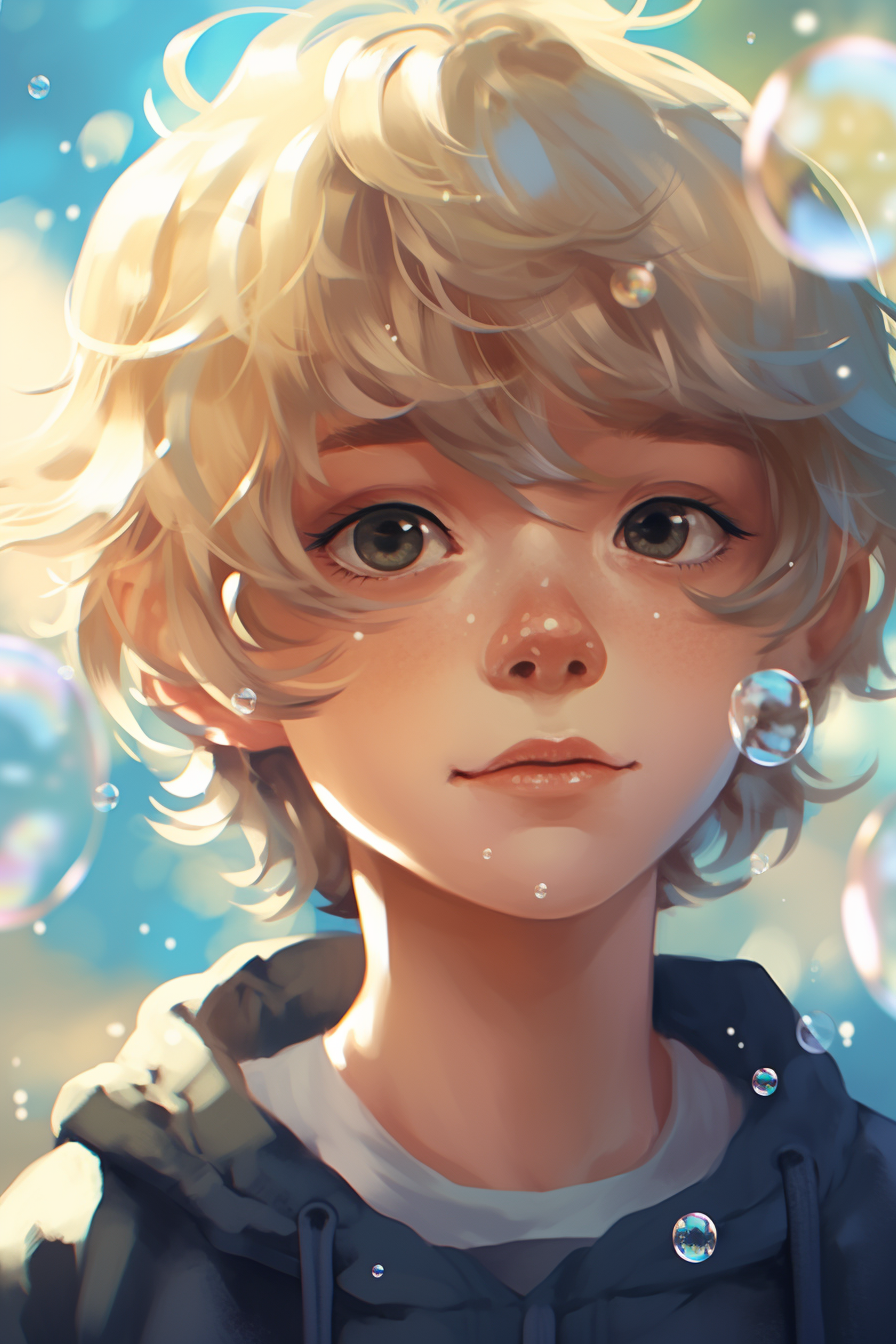 Anime boy with bubbles and gentle smile