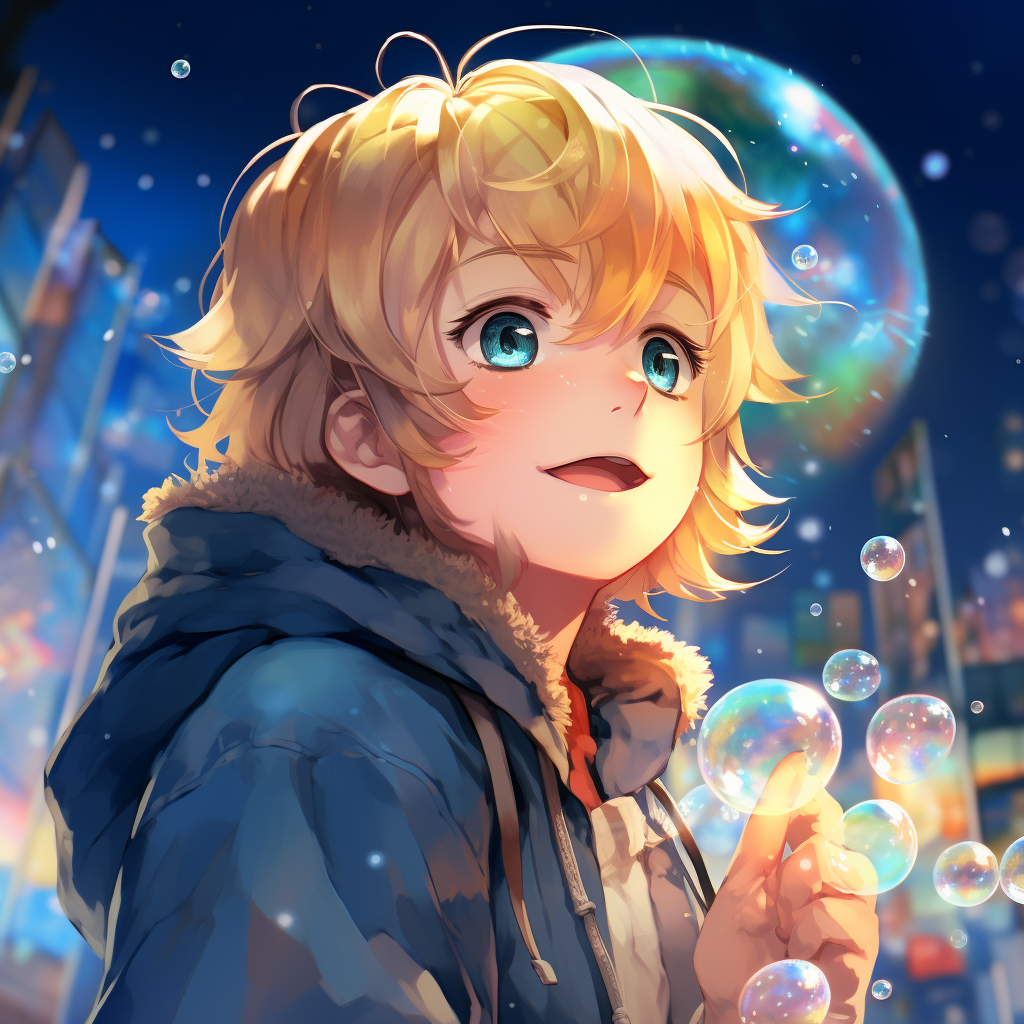 Anime Boy with Bubbles and Reflective Jacket