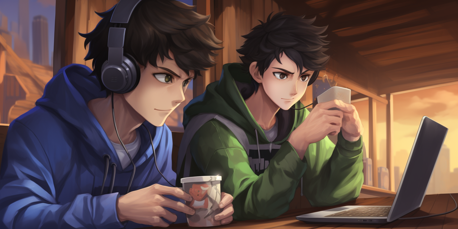 Two boyish guys playing PC game together