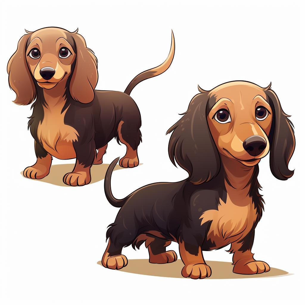 Three cute dachshund dogs in anime cartoon style