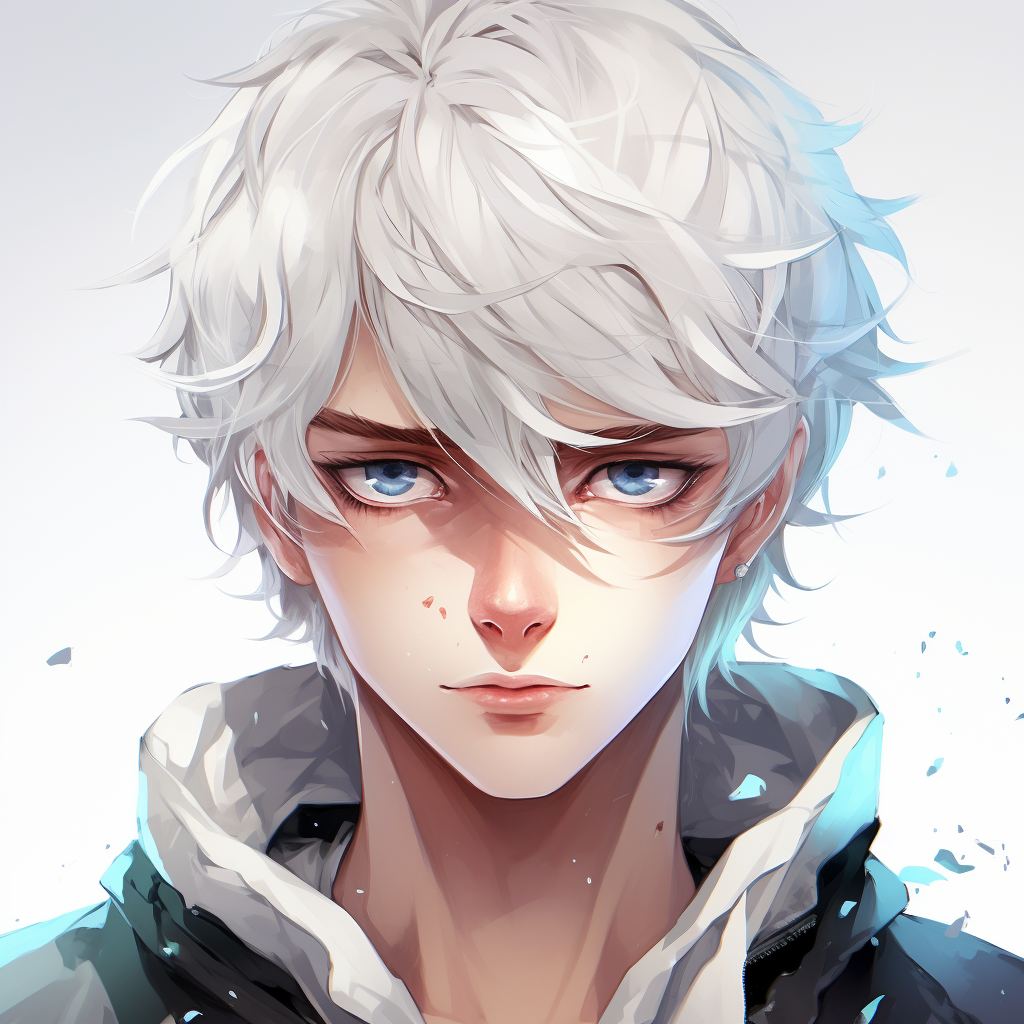 Happy anime guy with white hair and blue eyes