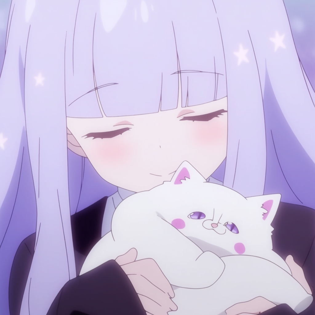 Anime girl with long purple hair holding a white cat