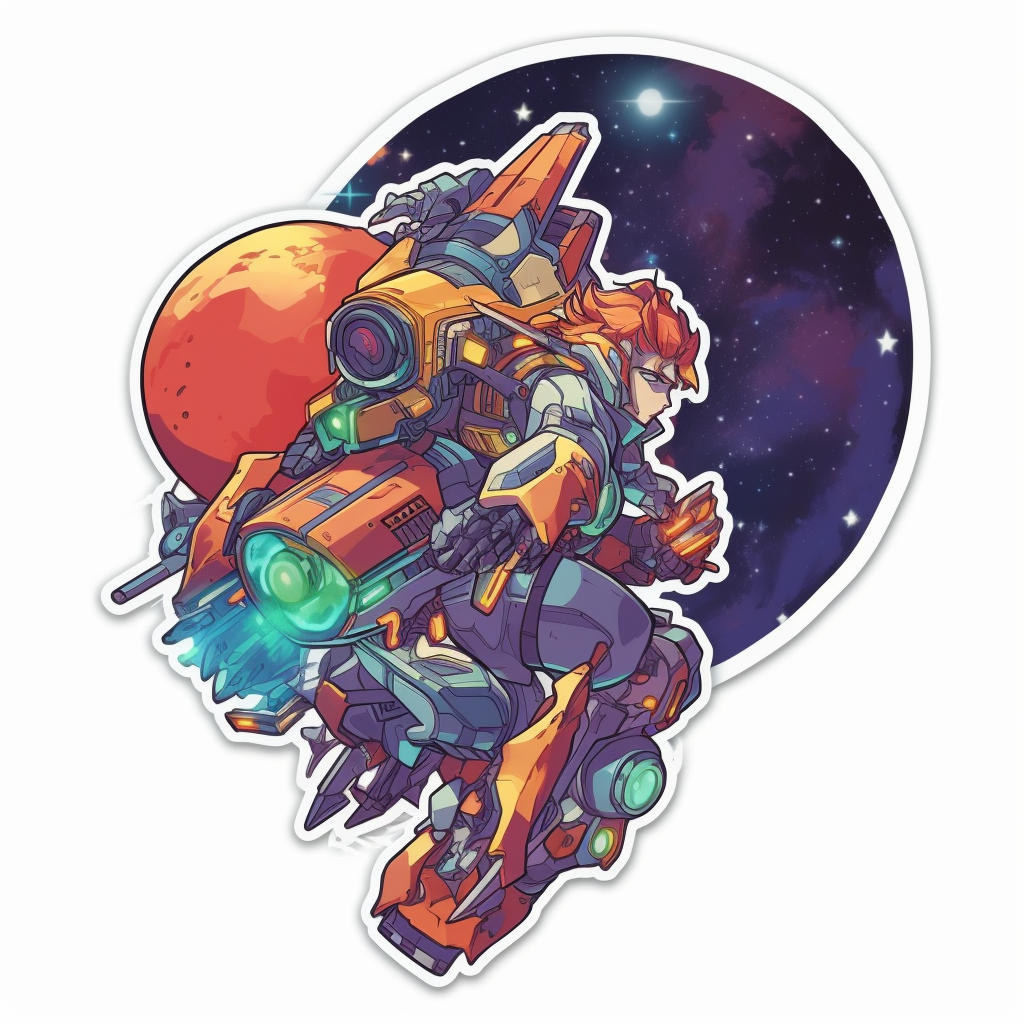 Colorful anime sticker art of a mecha cyborg riding a comet