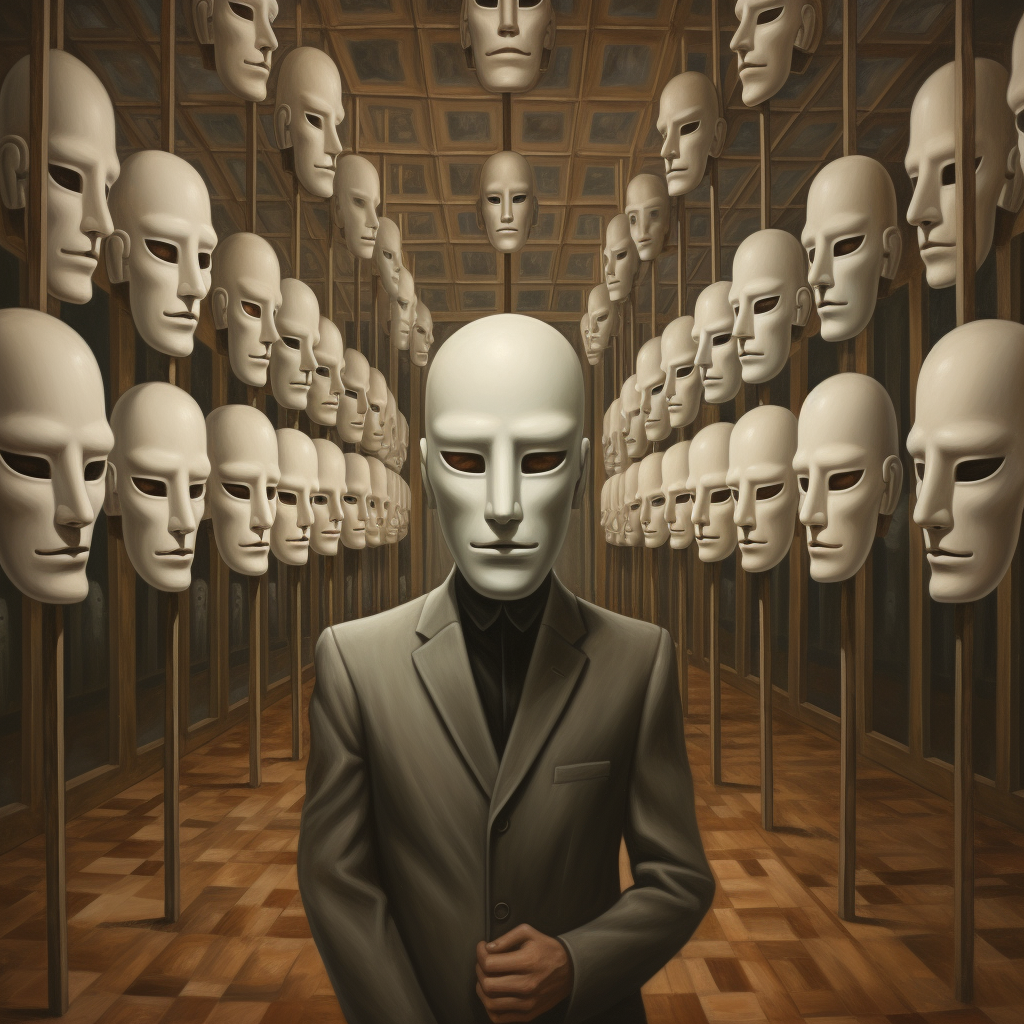 Man wearing anonymous mask in surreal hall of mirrors