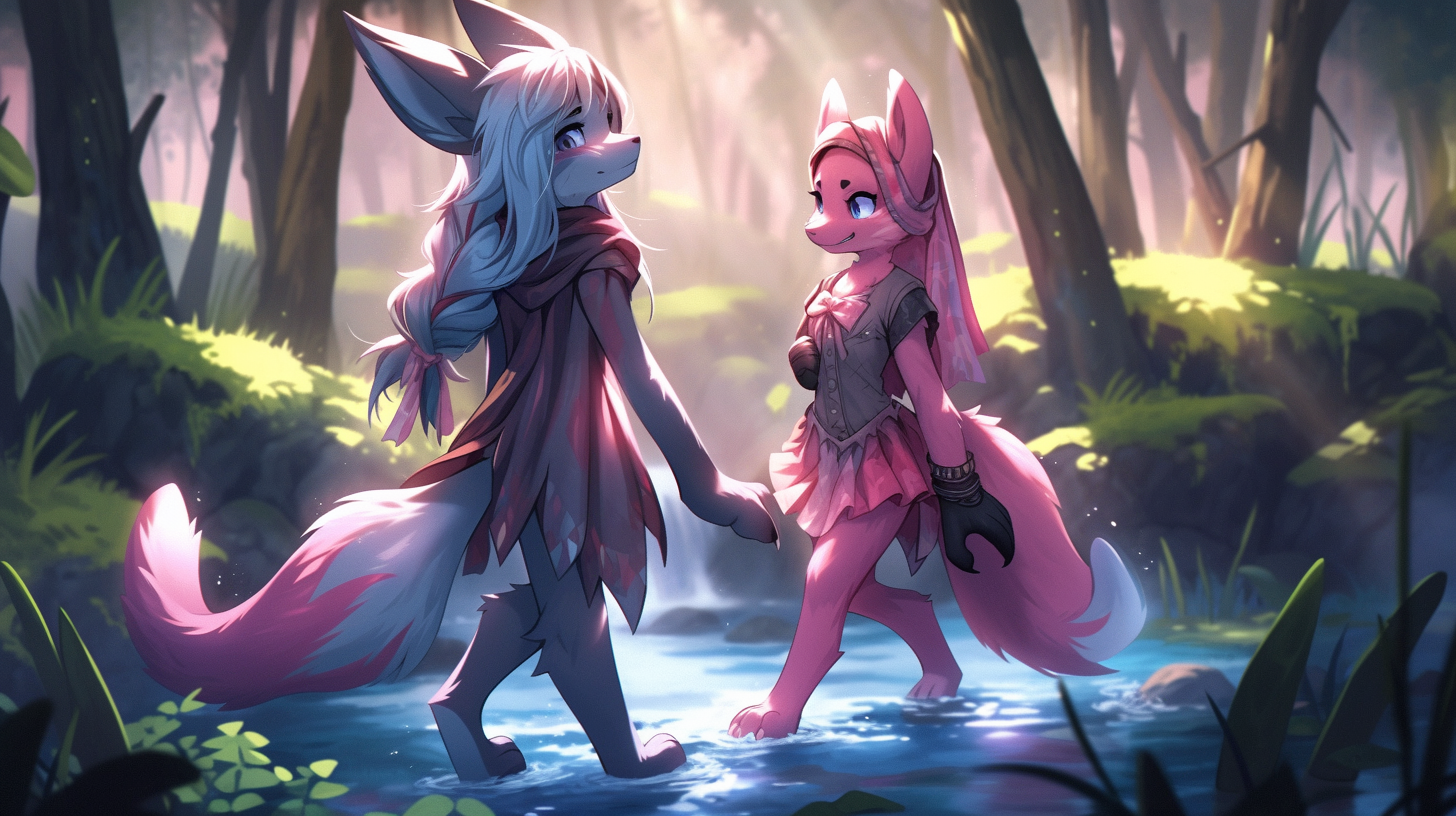 Cute anthro female wolf and bunny in forest