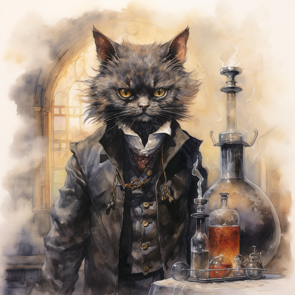 Funny anthropomorphic cat mad scientist image