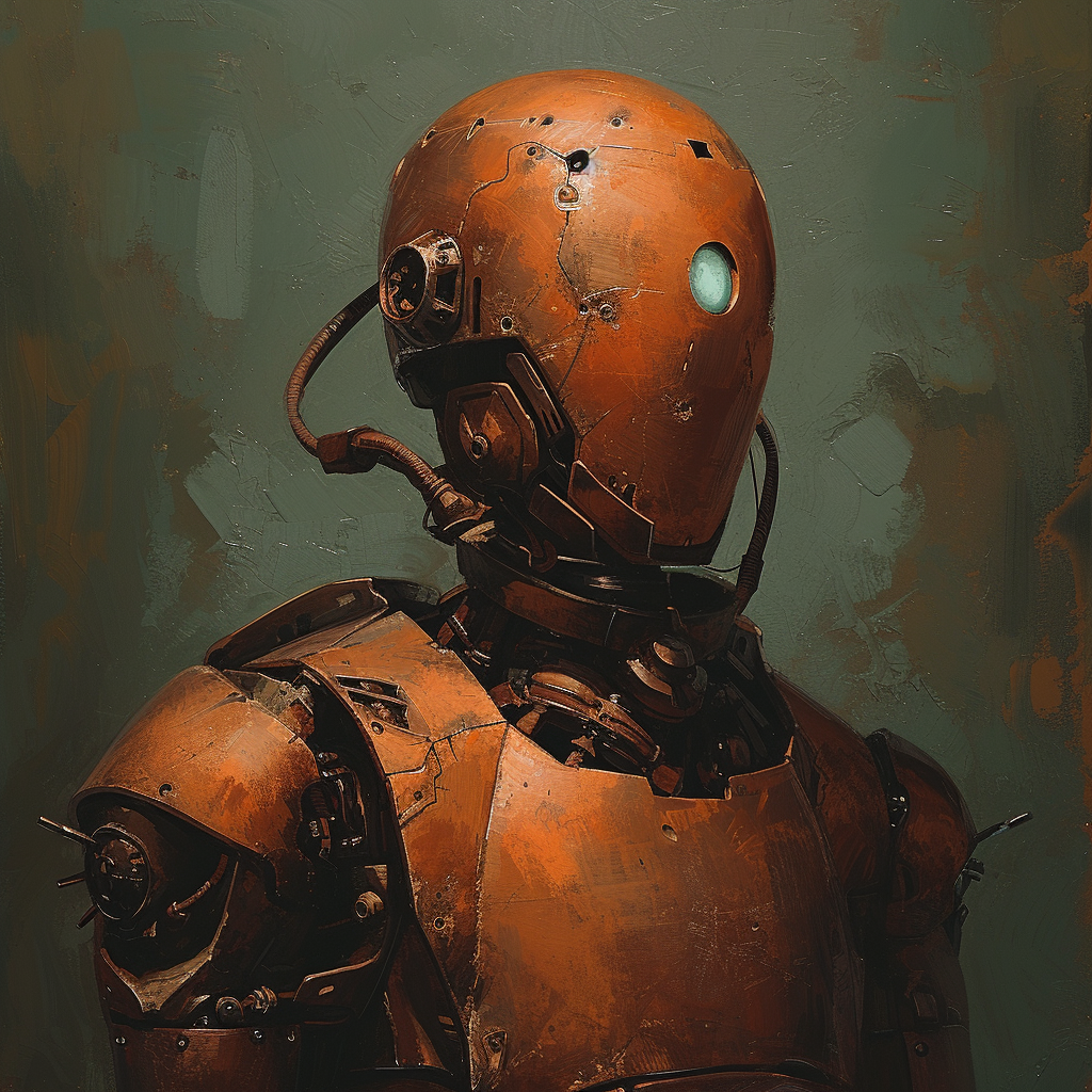 Copper-armored anthropomorphic droid in artwork