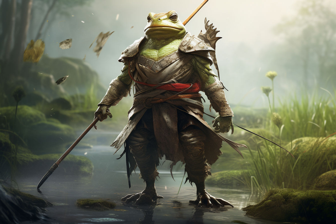 Anthropomorphic frog warrior wielding spear in swamp