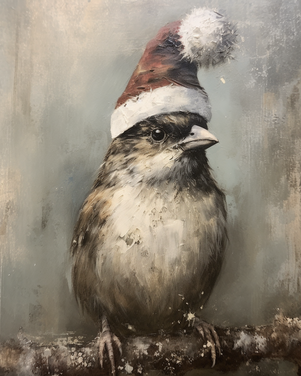 Happy Christmas Sparrow couple wearing Santa hats