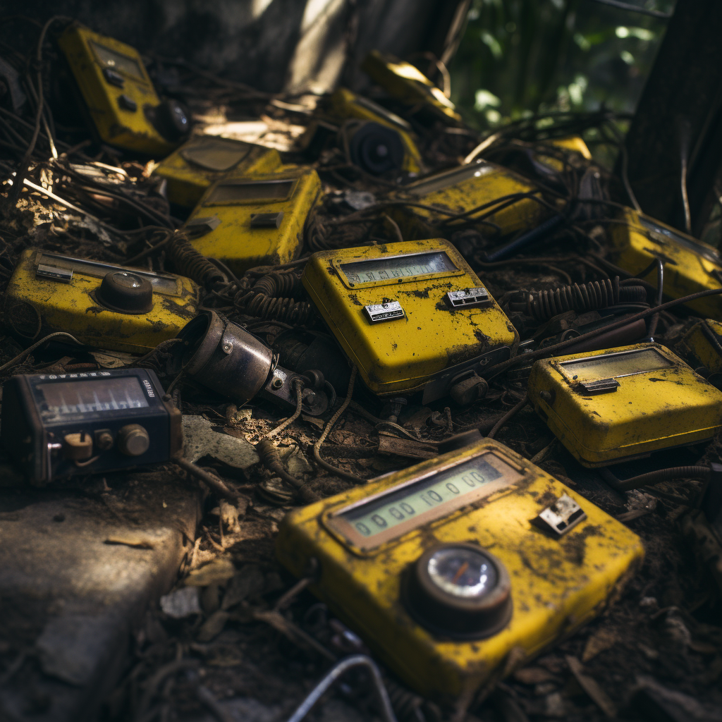 Antique yellow geiger counters resting on old concrete