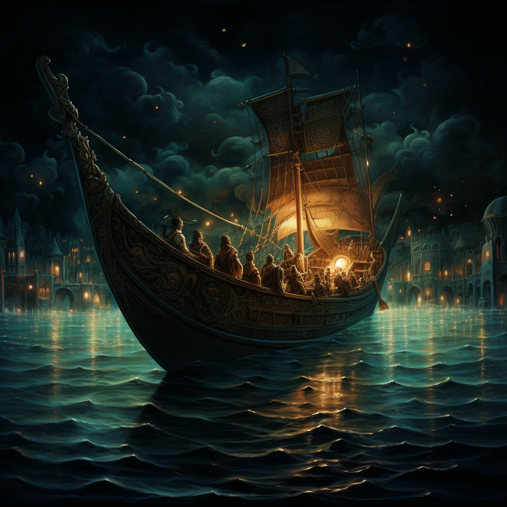 Antiquity period row boat with muse sailing at night