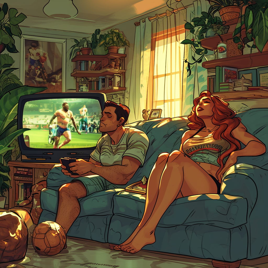 Woman Doing Household Chores while Man Watches Football