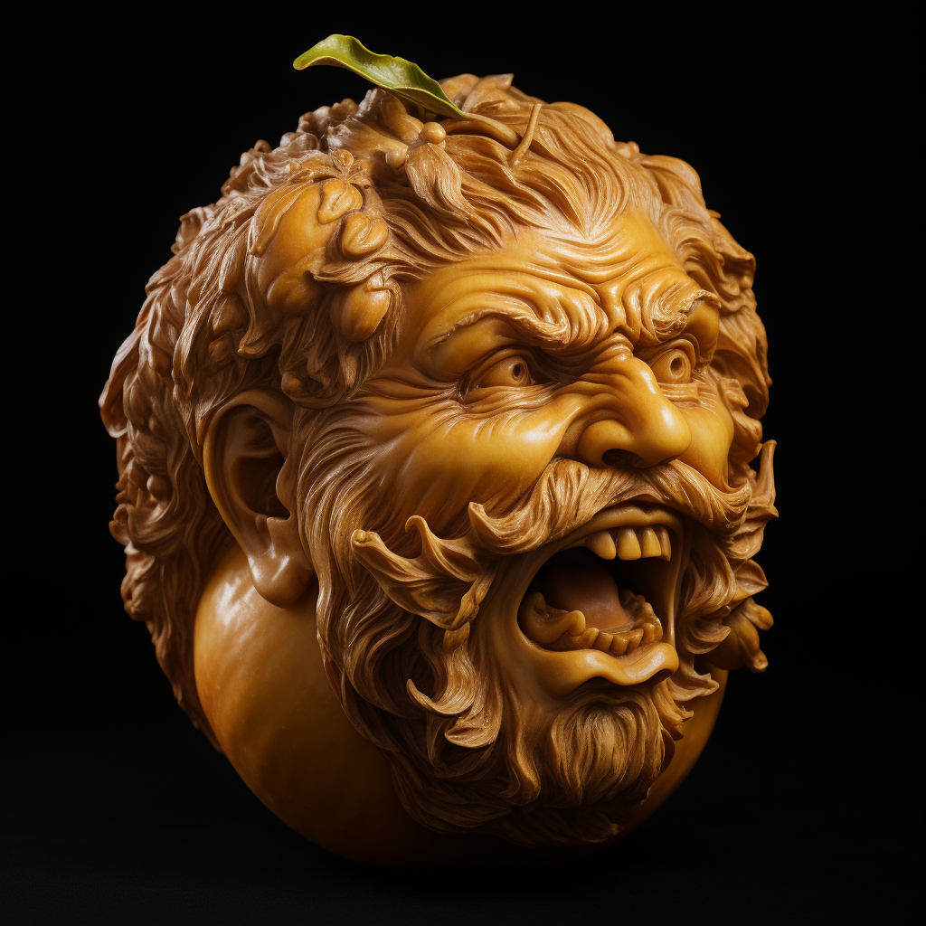 Carved apple resembling male figur