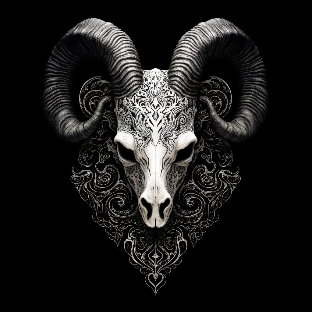 Aries skull facing in black and white