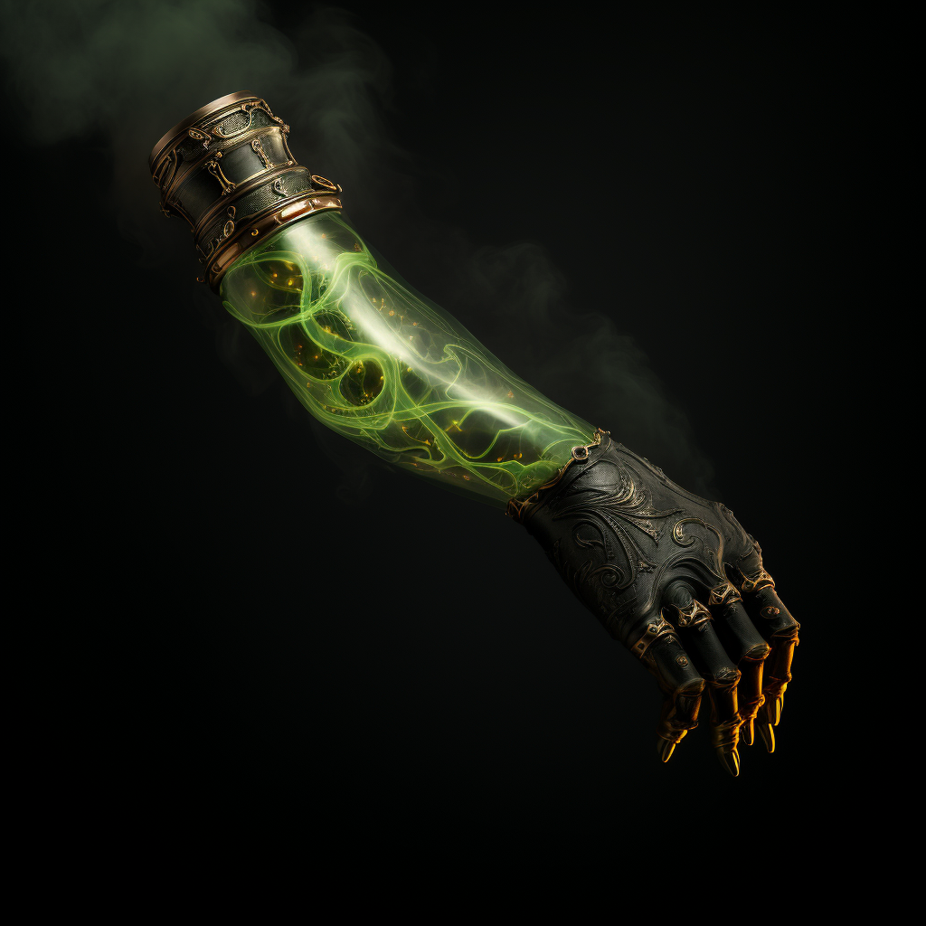 Dark smoke arm prosthetic in medieval fantasy style