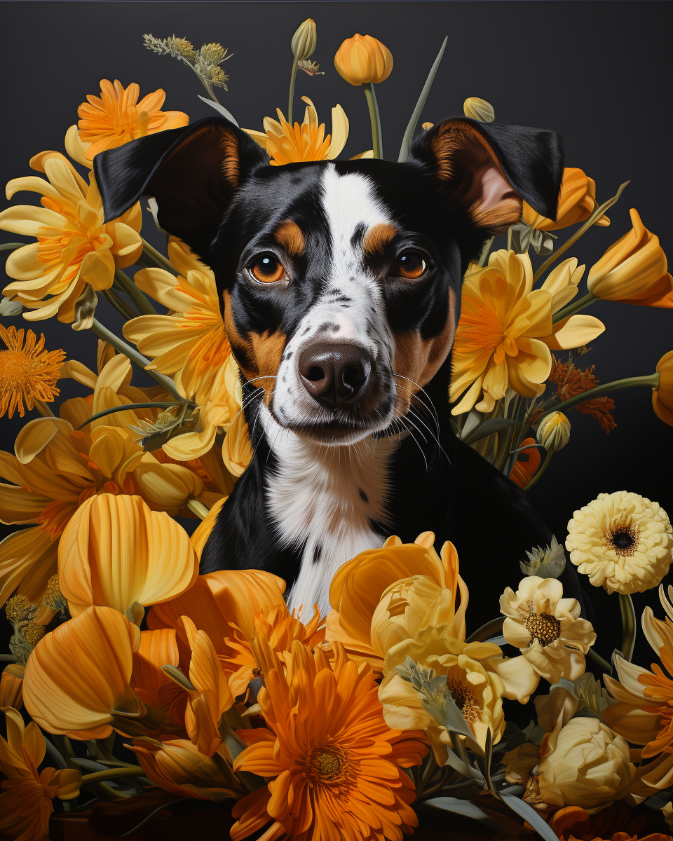 Art Deco puppy with yellow flowers