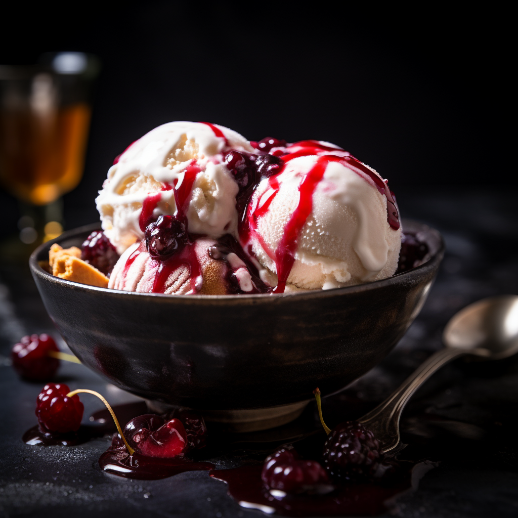 Artisanal yogurt ice cream with Italian Amarena syrup in a bowl