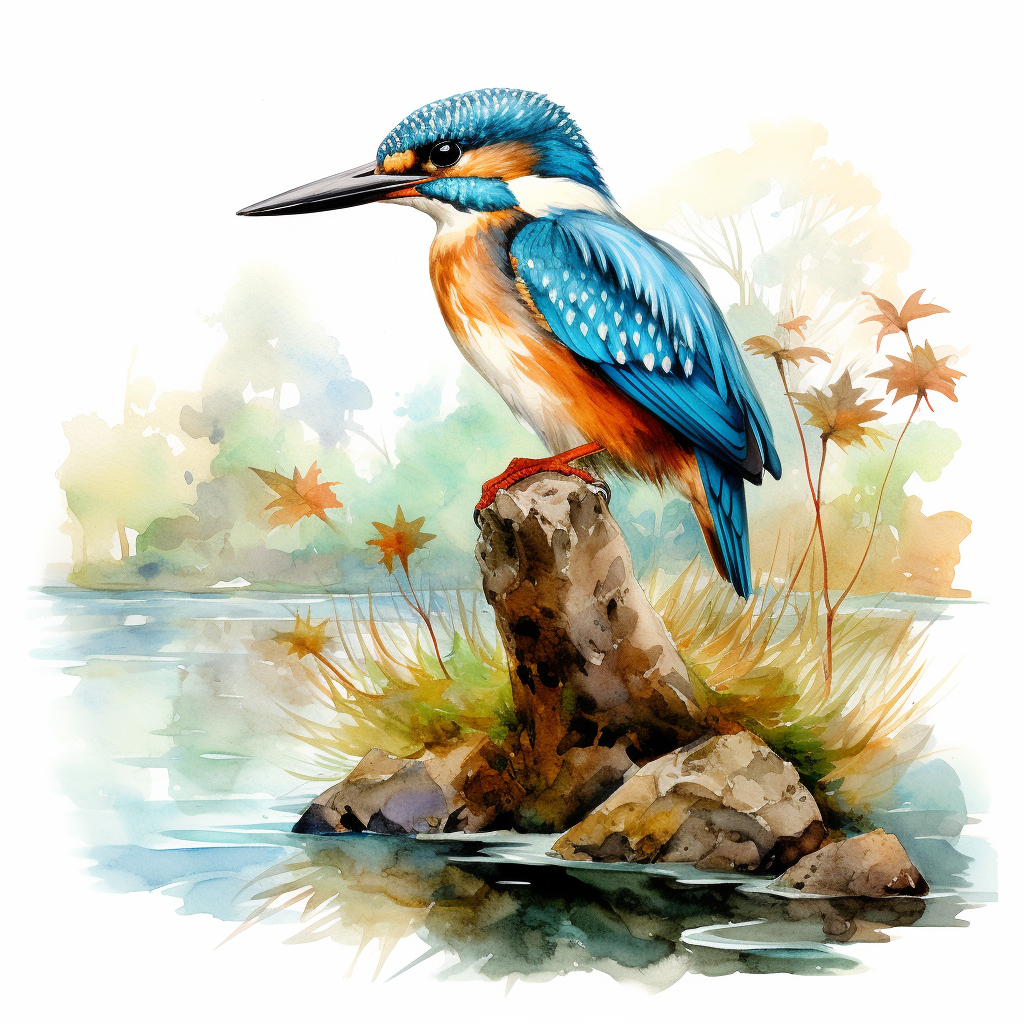 Detailed watercolour kingfisher in British countryside