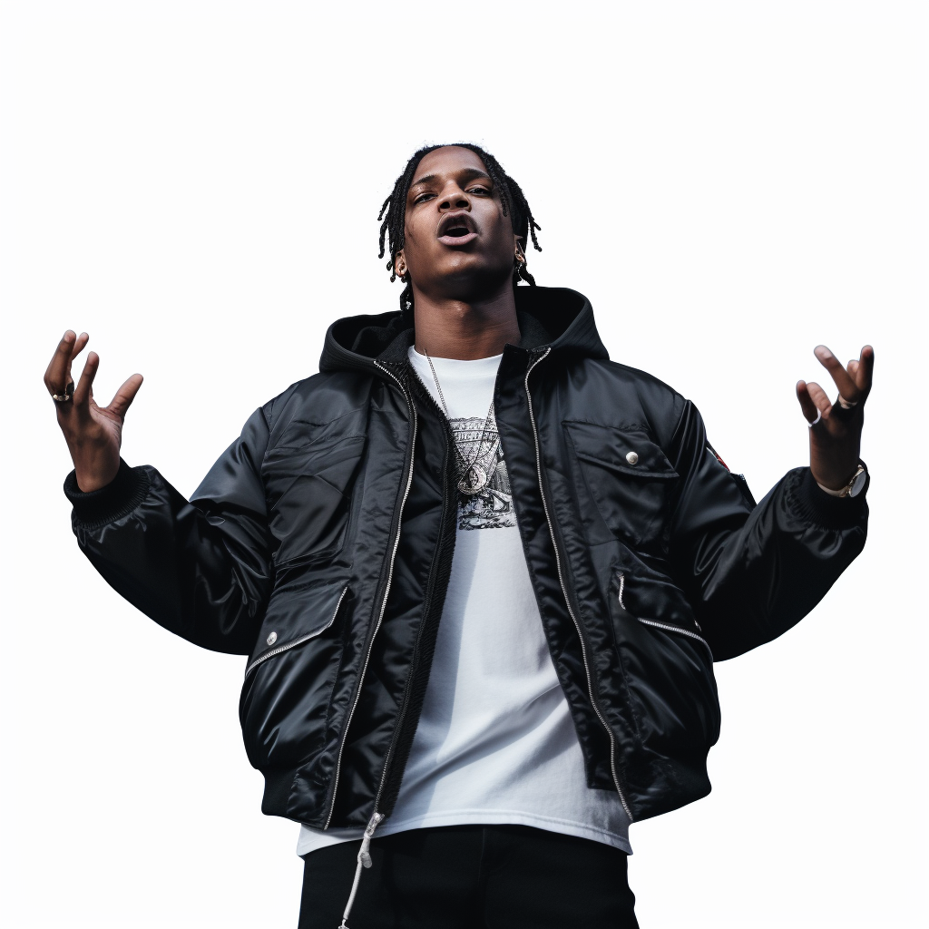 ASAP Rocky raising arms on white background