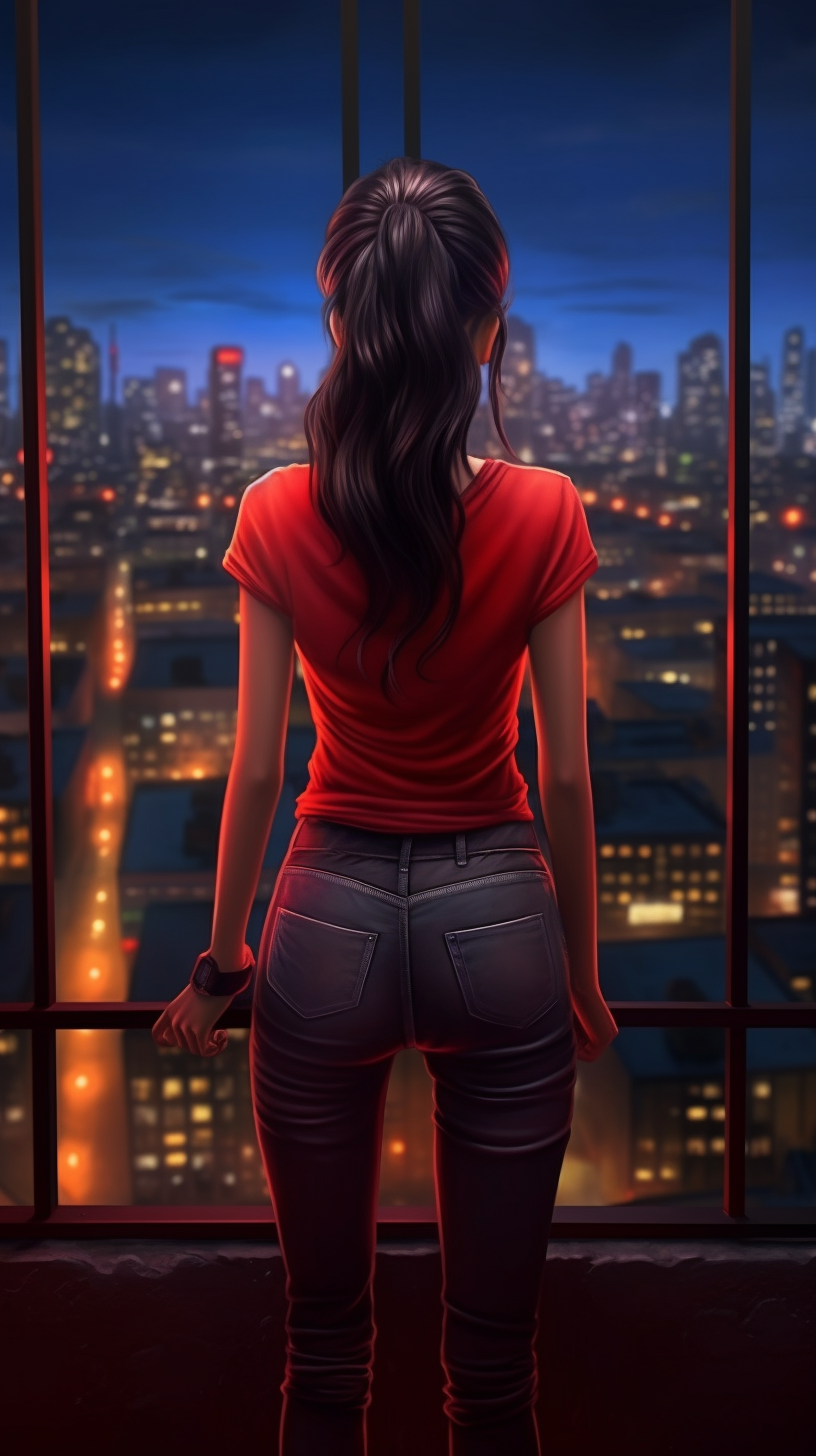 Asian girl staring at night city view