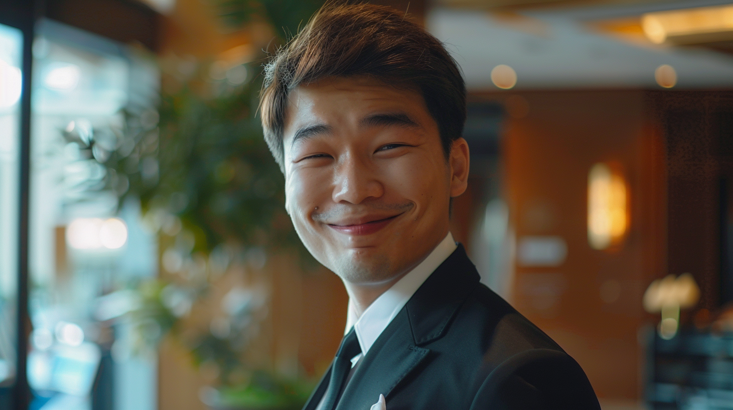 Asian male staff winking at modern hotel