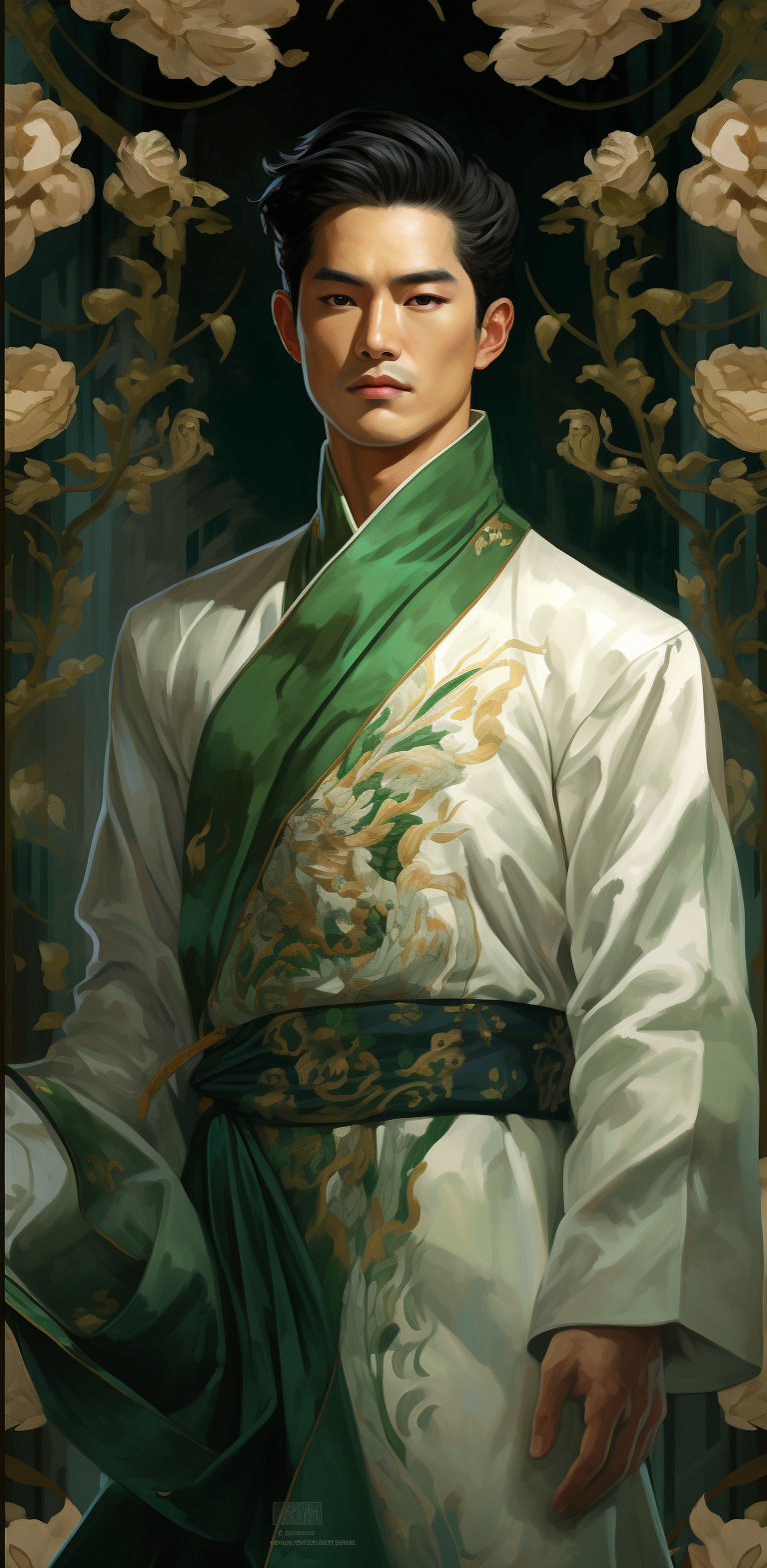 Handsome Asian man dressed in green and white