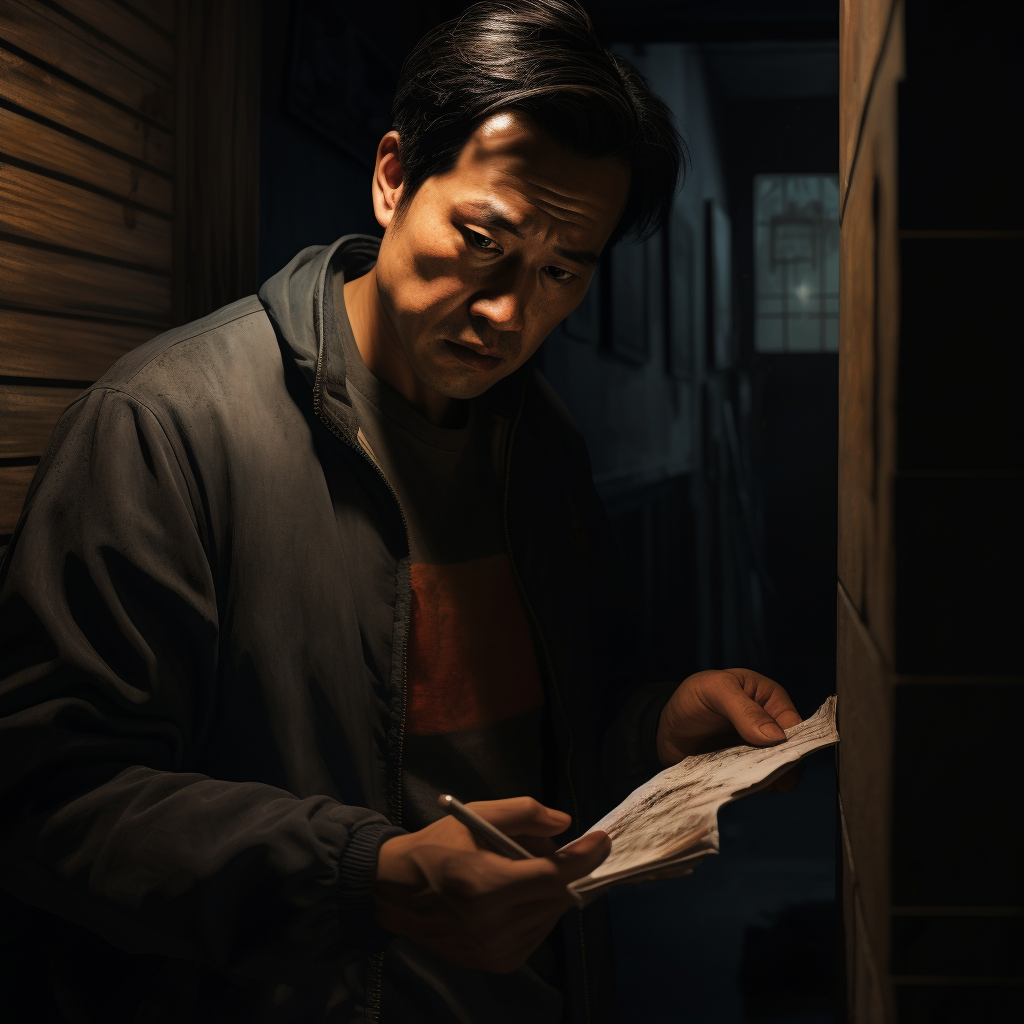 Tearful Asian Uncle in Mailbox at Night