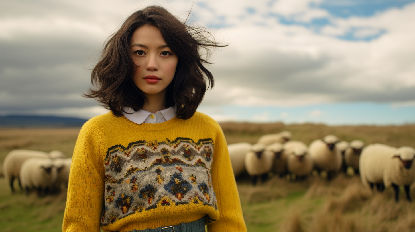 Asian woman in stylish wool sweater and yellow skirt