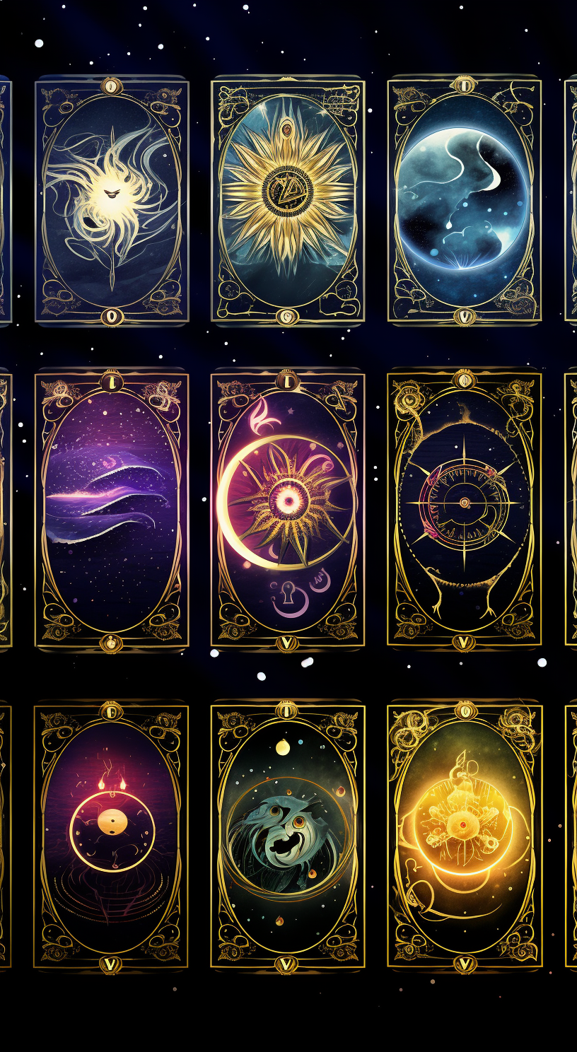 Astrology Tarot with Spiral Universe, Infinity Symbol, Moon, Sun