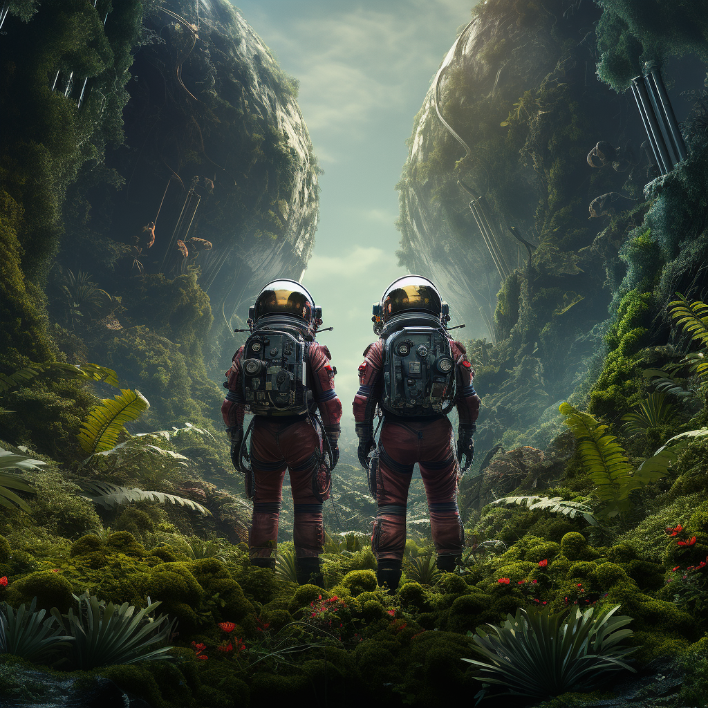 Astronauts in Different Suits looking at Overgrown Earth