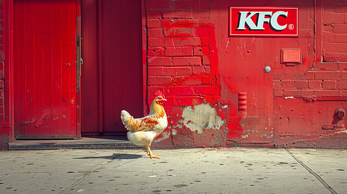 Confident chicken at KFC entrance