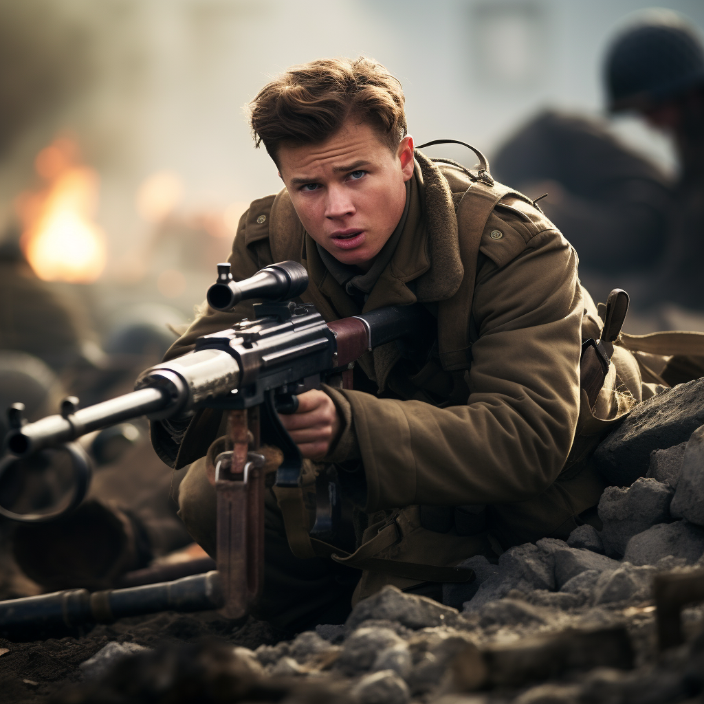 Audie Murphy shooting a machine gun in battle