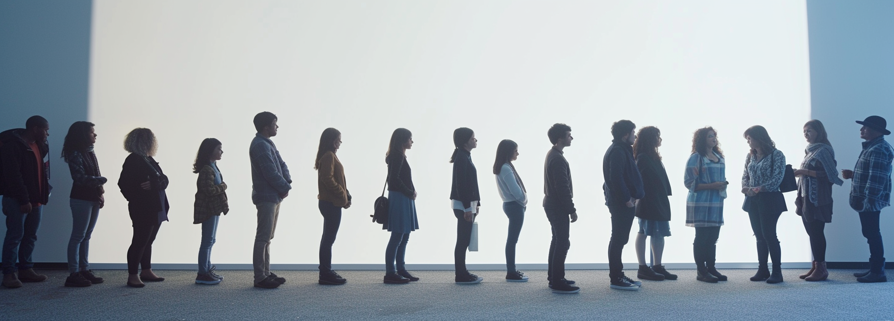 Smiling actors and actresses in casting audition line