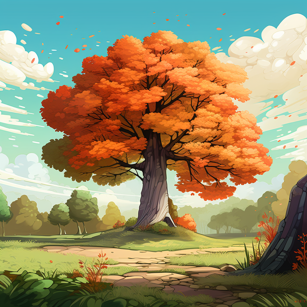 Vibrant cartoon-style autumn forest scene