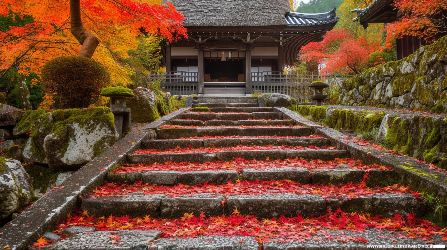 Autumn leaves on thatched roof Sanmon gate