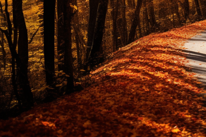 Colorful autumn leaves on winding road