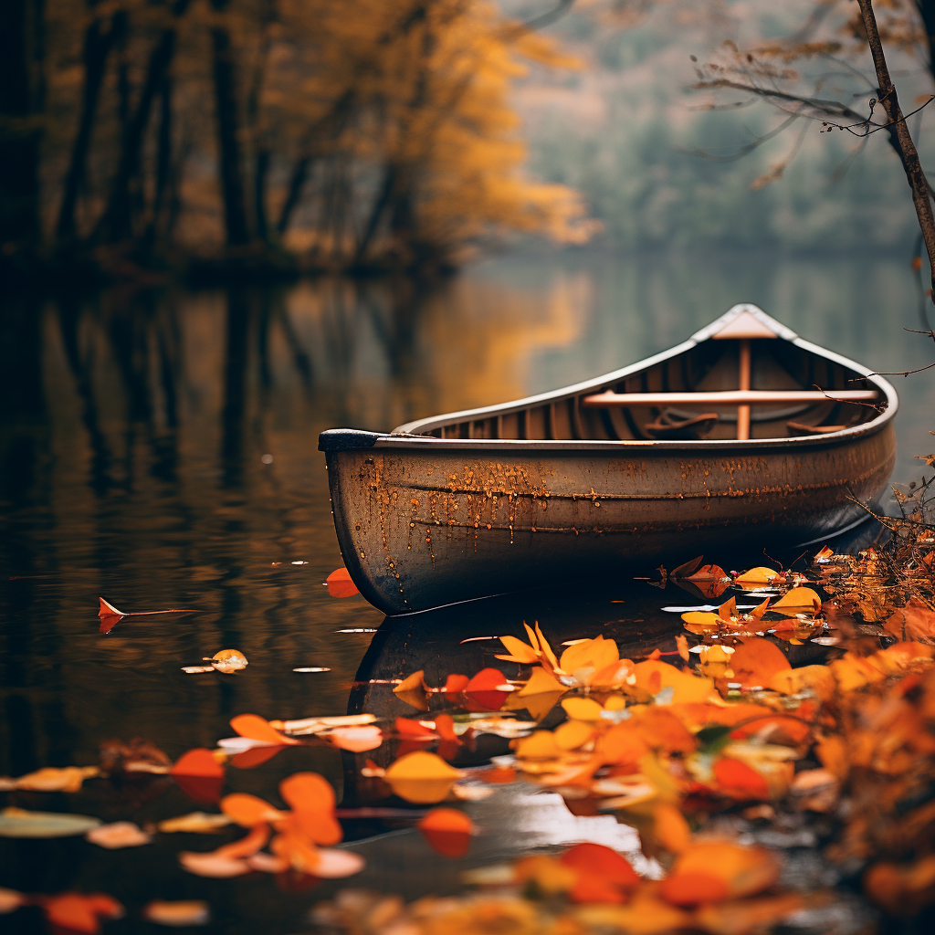 Colored leaves and green canoe in autumn scenery