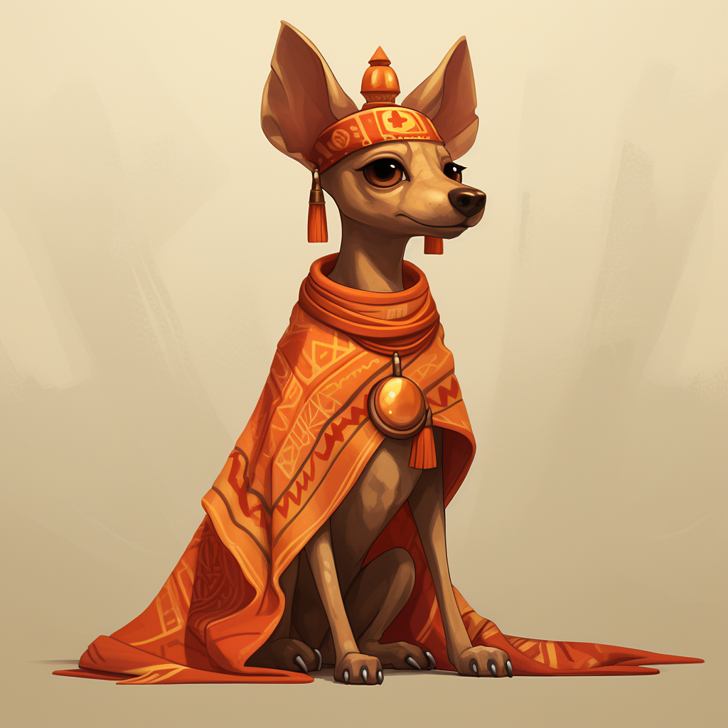 Orange-clad Aztec Goddess with Xoloitzcuintle