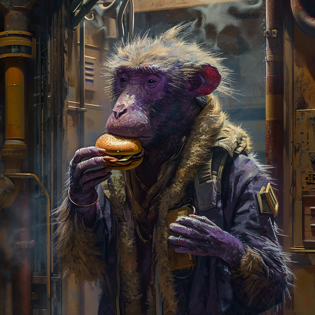 Baboon creature with lavender fur eating a cheeseburger