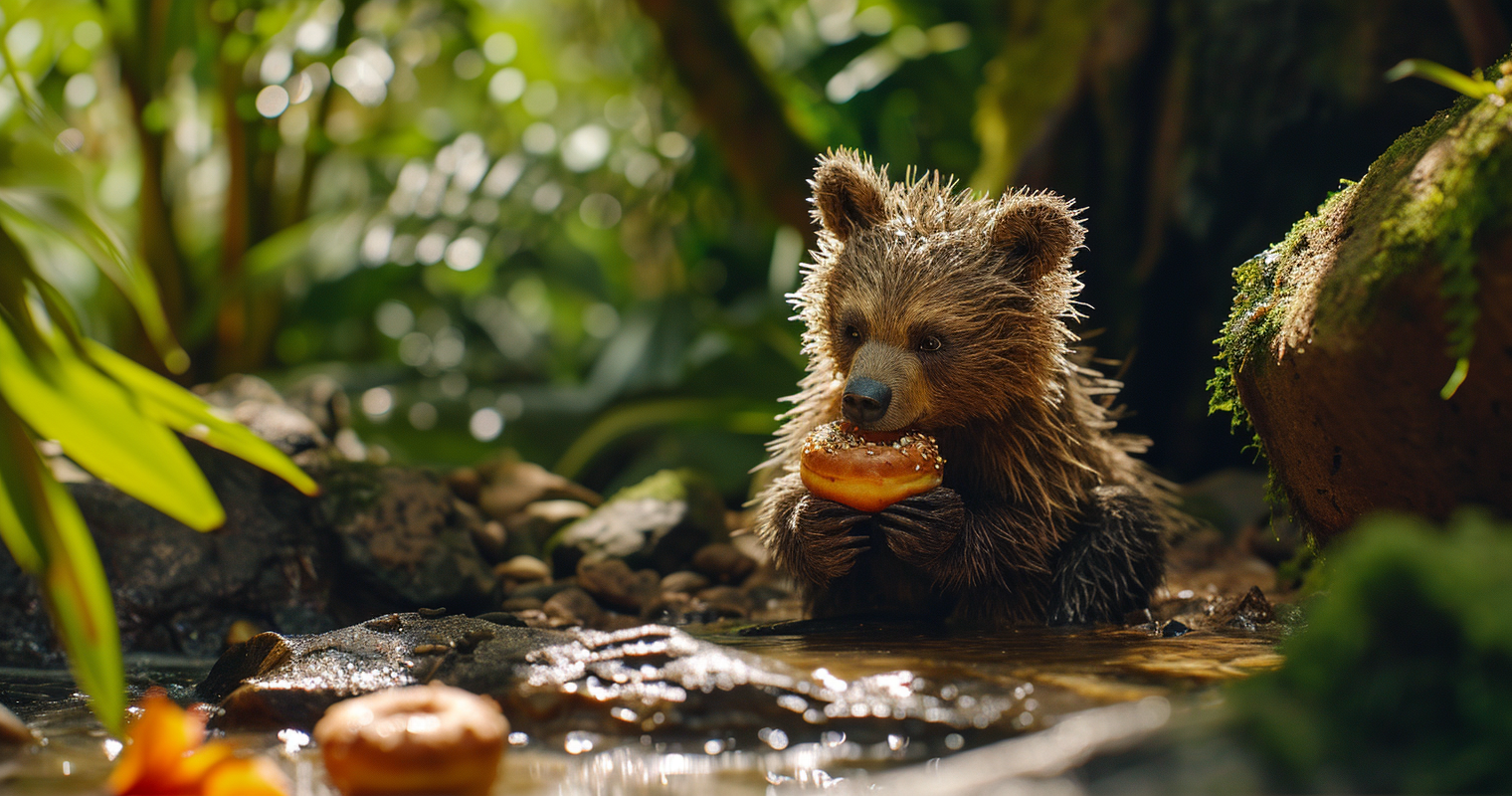 Baby bear enjoying malassada donuts in Kauai jungle