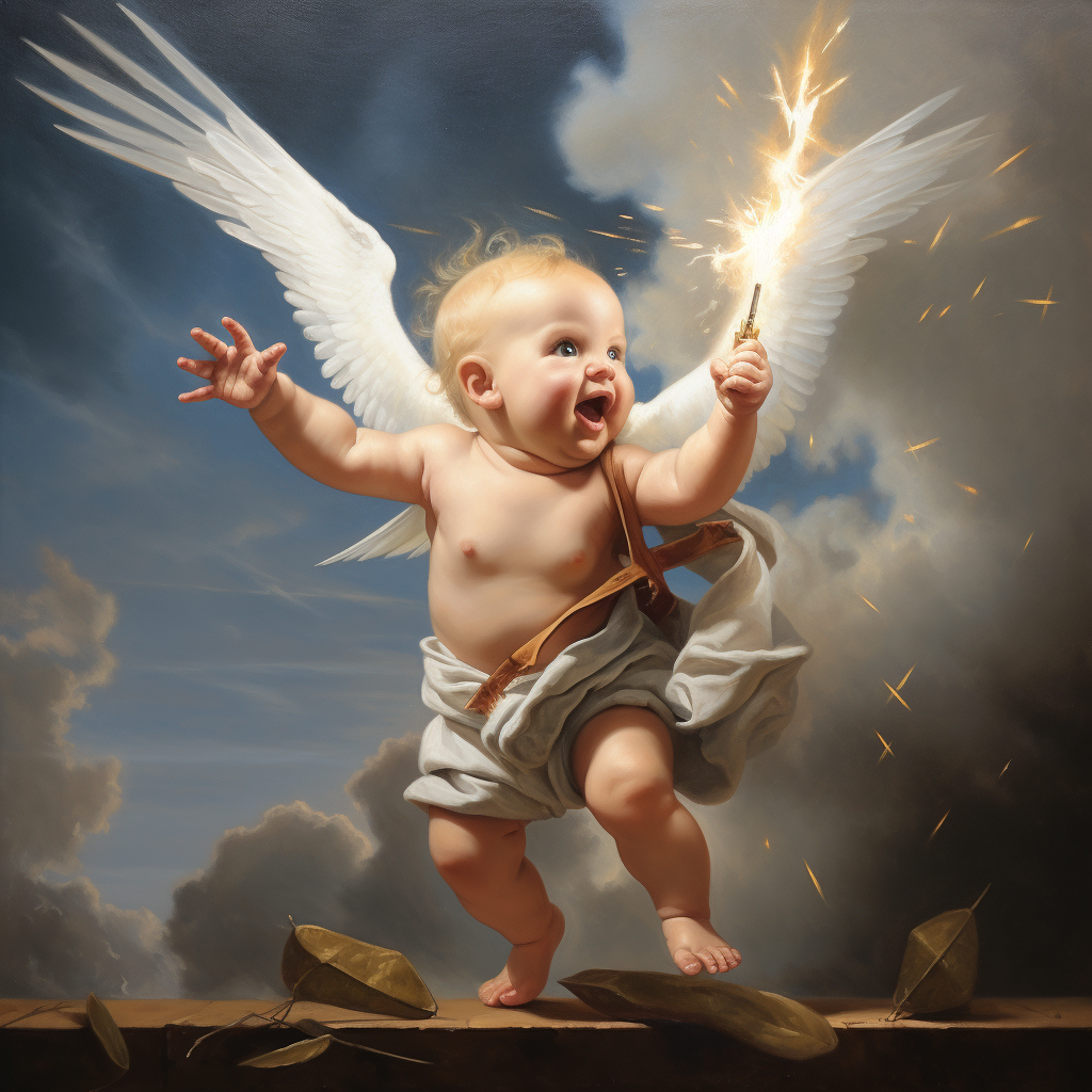 Cute Baby on Dove Throwing Lightning Bolt