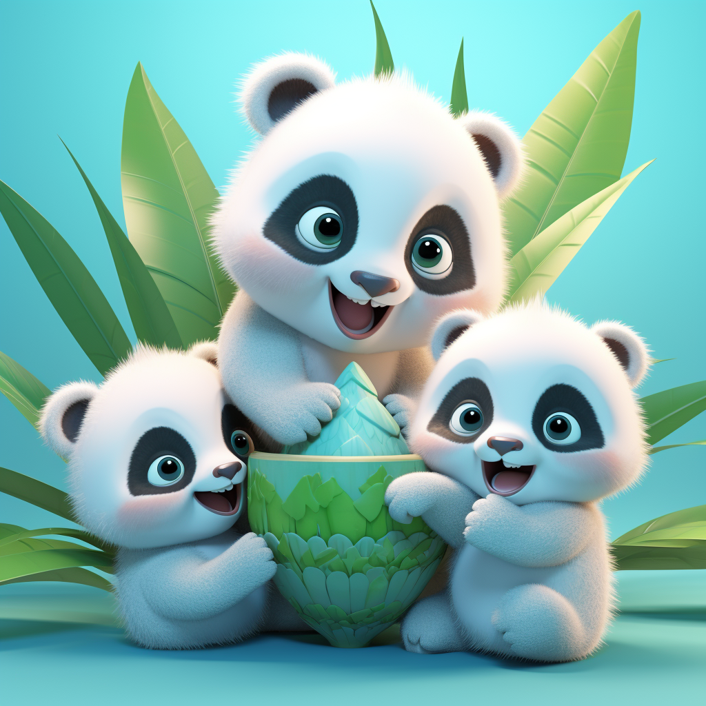 Cute baby panda surrounded by smaller pandas and coconuts