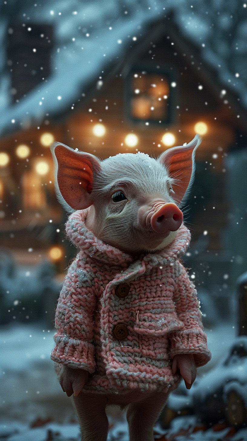 Baby Piglet in Snowy Winter Scene