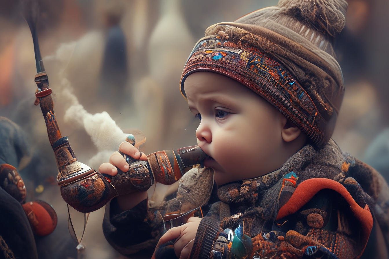 Adorable baby participating in pipe smoking contest