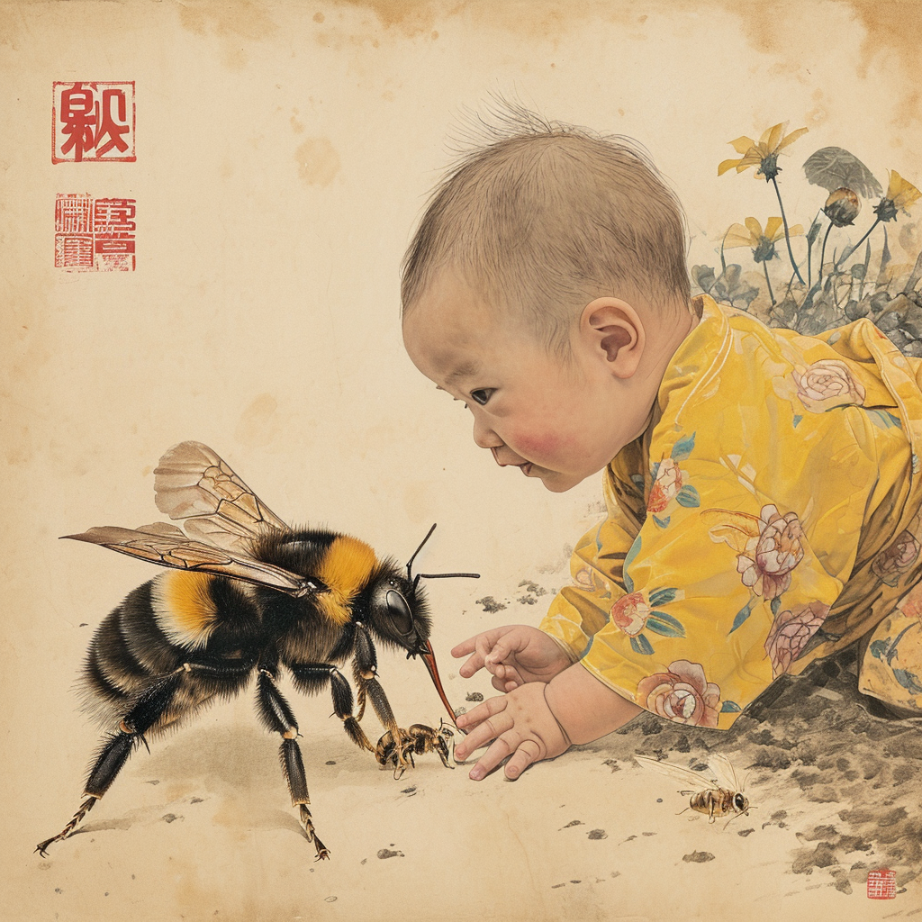 Baby playing with bee