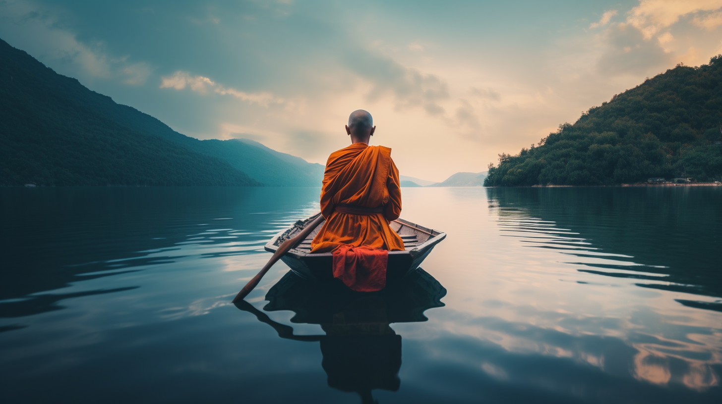 monk meditating on rowboat lake