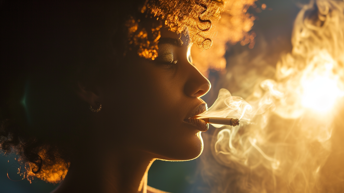 African woman blowing cigarette smoke