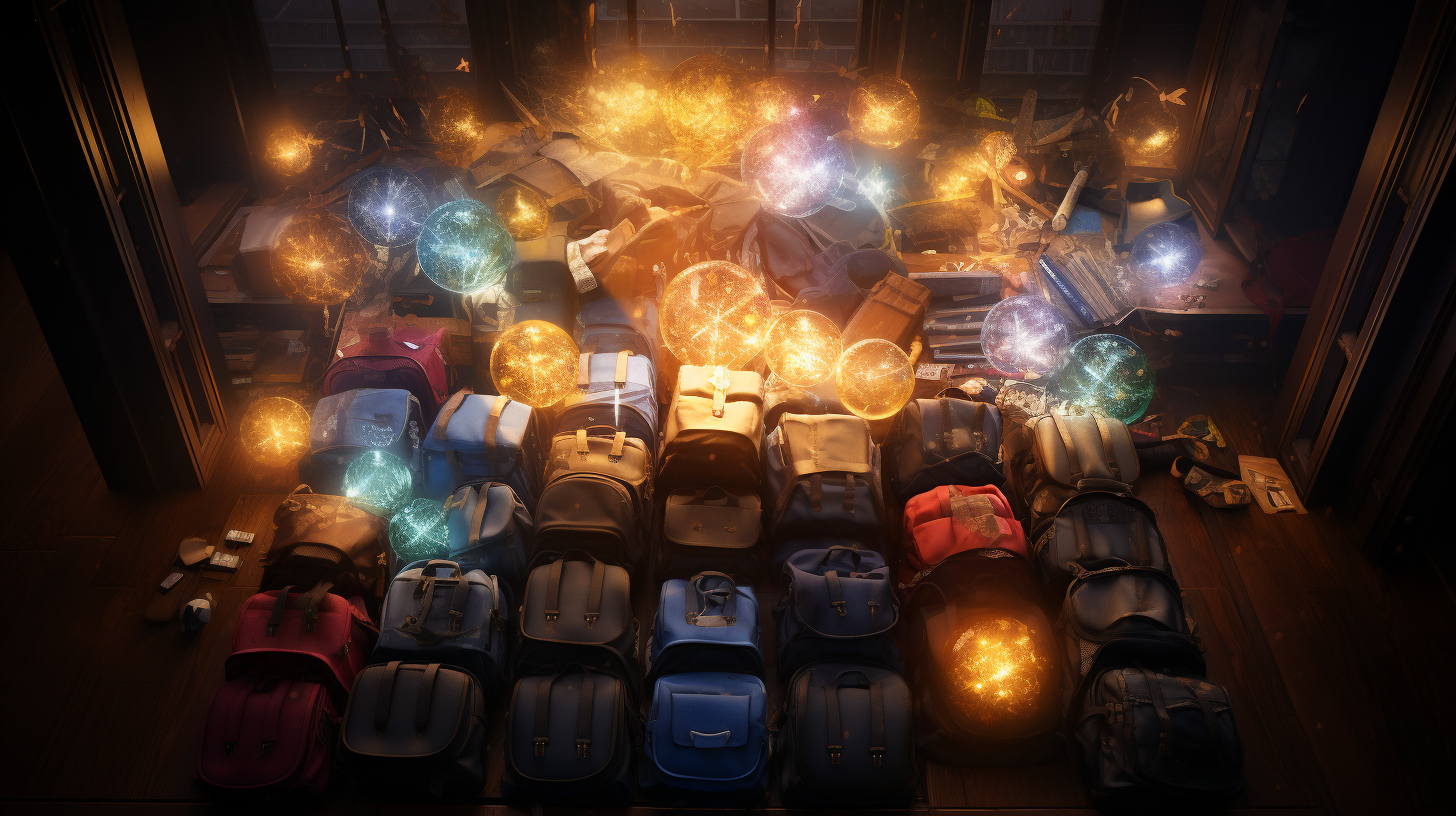 Assorted backpacks with glowing golden backpack