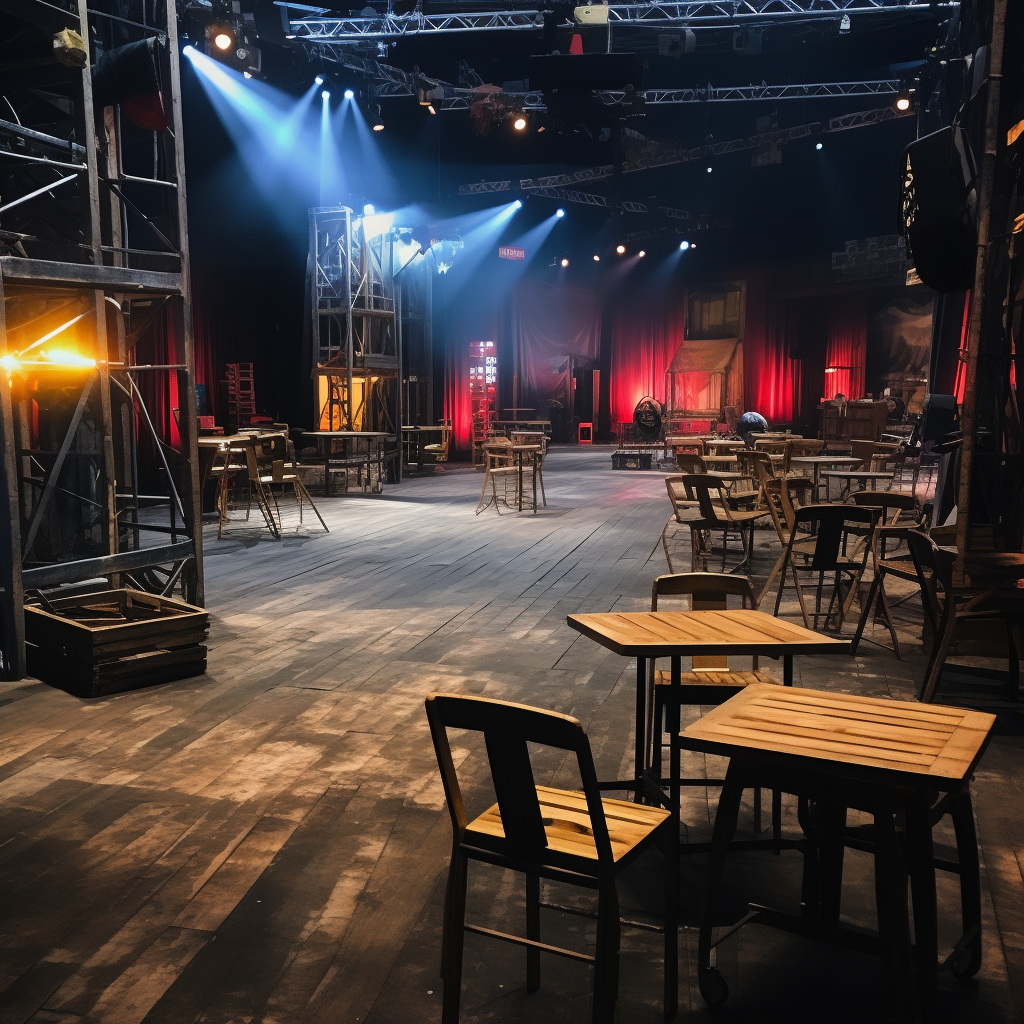 Tables and chairs in backstage holding area